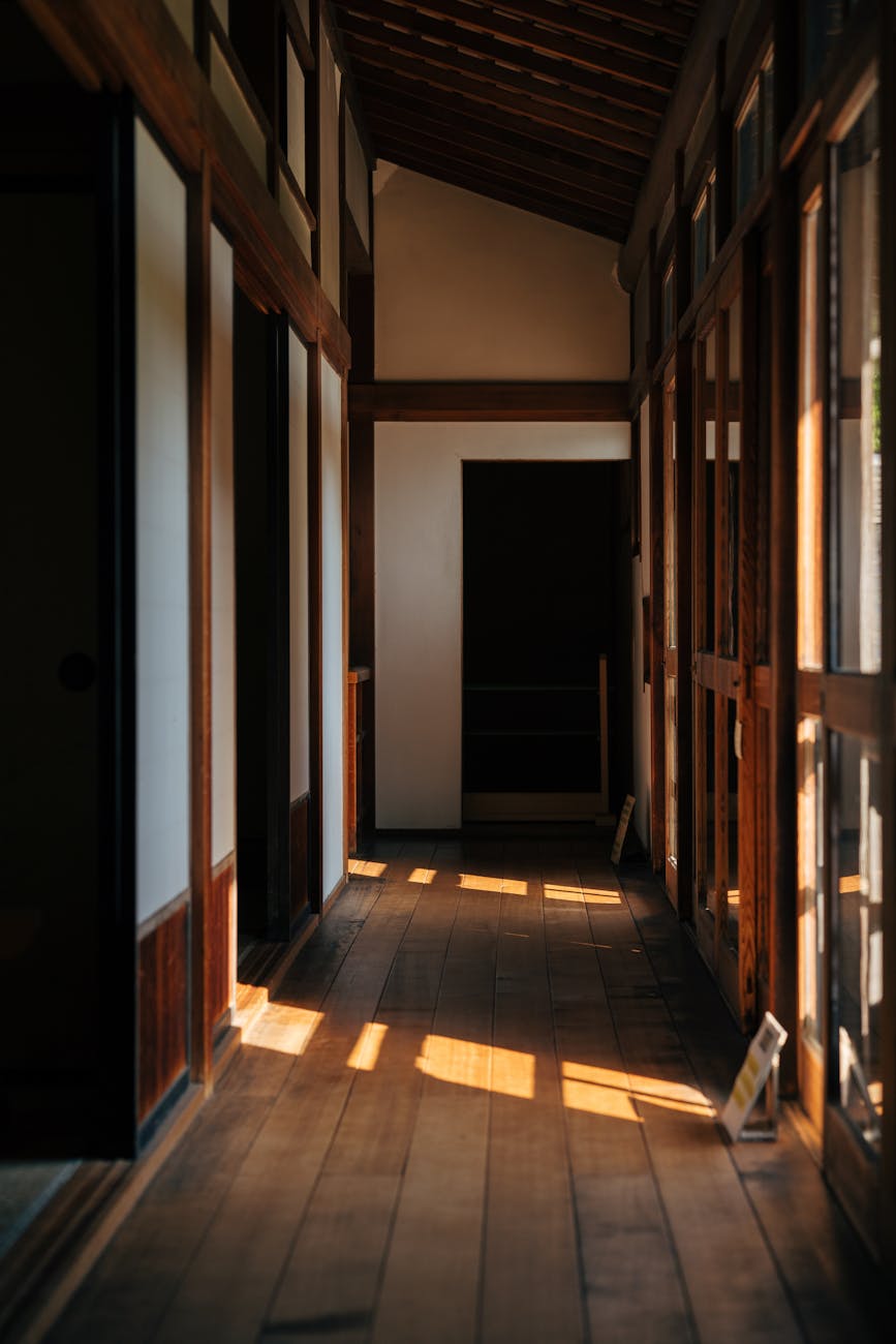 sunlit traditional japanese wooden corridor